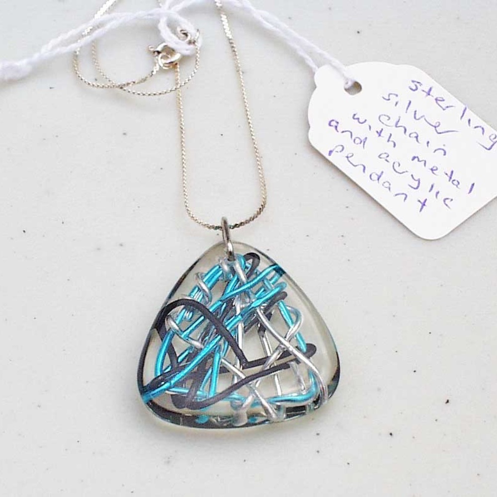 ALUMINUM WIRES IN RESIN TRIANGLE NECKLACE, STERLING SILVER CHAIN, 22 INCHES LONG
